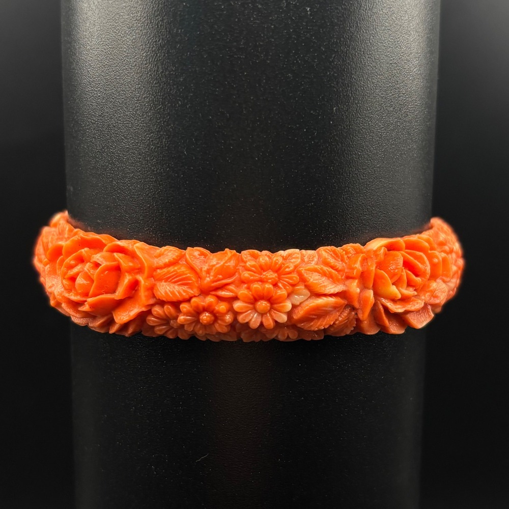 Vintage Celluloid Bangle Orange Molded Flowers Floral 7.75 "